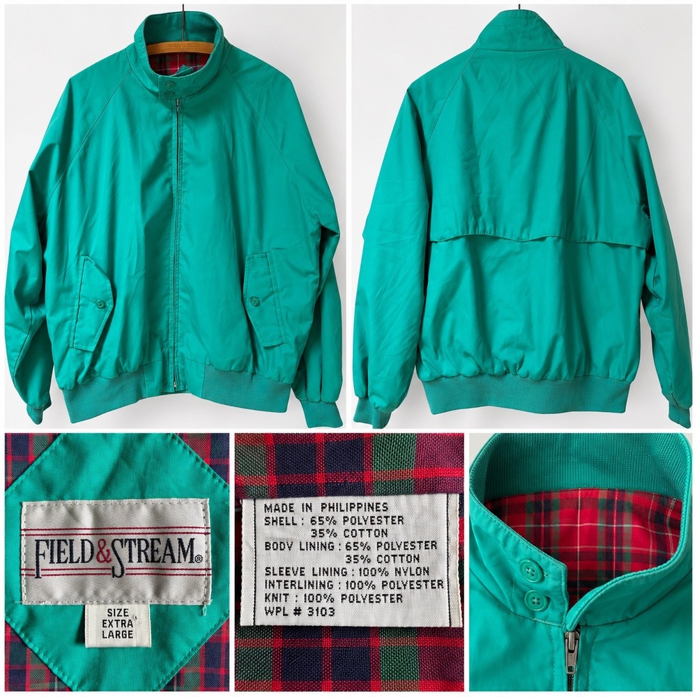 Vintage Field & Stream Mens XL Green Harrington Jacket Plaid Lined Lightweight